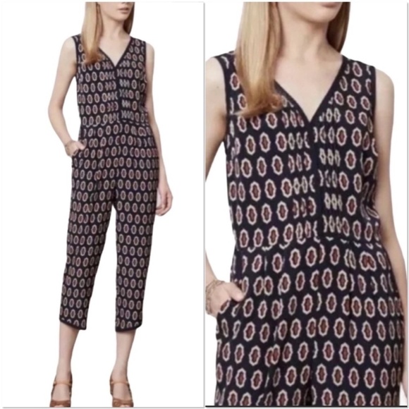 Anthropologie Lilka Jumpsuit Navy Blue Print Pockets Lightweight Sleeveless XS - Picture 1 of 9